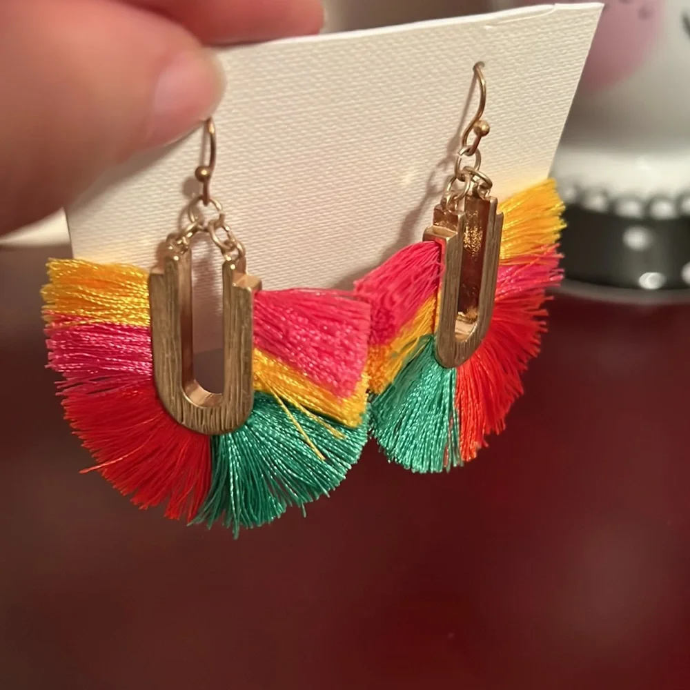 Panacea Bohemian Fringe Multi Color Tassel Women’s Rainbow Fan Earrings